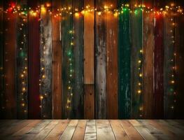 Wooden Christmas background with lights photo