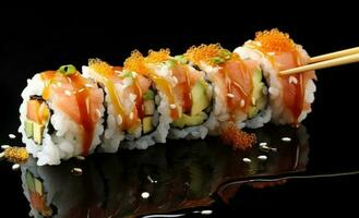 Sushi roll with chopsticks on dark background photo