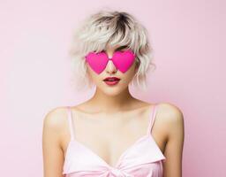 Blondie girl in pink glasses photo