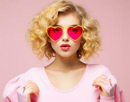 Blondie girl in pink glasses photo