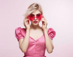 Blondie girl in pink glasses photo