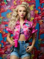 Barbie doll, cute blond girl outfit, pink wallpaper background design photo