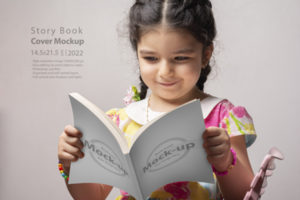 pequeño niña leyendo un historia libro con blanco cubrir cubre psd