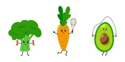 Set Happy Smiling Healthy Vegetables does Sports. Kids cartoon graphic vector illustrations isolated on white background. Fun Broccoli, Carrot and Avocado