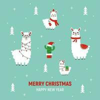 New Year's set of family alpaca. Vector illustration for christmas card, t-shirt, design isolated background