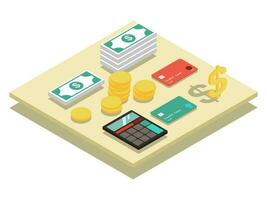 3d Money, Coin and Credit Card in Isometry. Finance elements Vector illustration