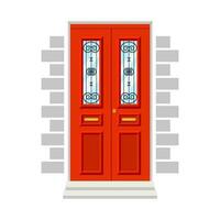 Vintage red front door to house. Vector illustration of entrance doors in flat style