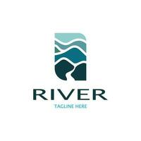 River logo, creeks, riverbanks and streams, with combination of mountains and farmland with vector concept design.