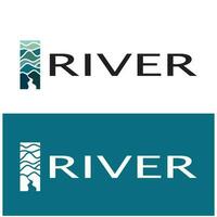 River logo, creeks, riverbanks and streams, with combination of mountains and farmland with vector concept design.