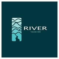 río logo, arroyos, orillas de los ríos y arroyos, con combinación de montañas y tierras de cultivo con vector concepto diseño.