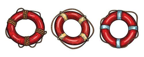 Set of colored lifebuoy with rope isolated sketch. Hand drawn life ring in engraving style collection. vector