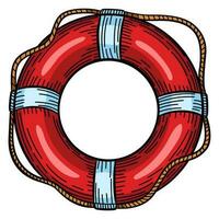 Red lifebuoy with rope isolated sketch. Hand drawn life ring in engraving style. Vintage illustration vector