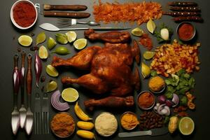 Tandoori knolling with a variety of vegetables neatly arranged generated by AI photo