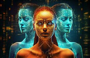 Beauty young women abstract glow with futuristic technology generated by AI photo