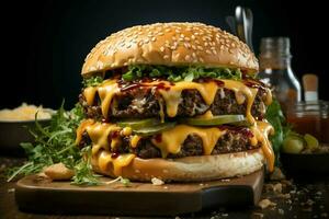 Delicious burger with vegetable and melted cheese on rustic wooden plate generated by AI photo