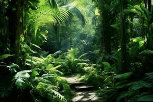 View of tropical rain forest with sunlight entering the forest generative AI photo