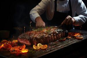 Chef is preparing grilled steak dish generated by AI photo