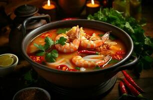 A plate of seafood and lemongrass flavored meal with prawn and vegetable generated by AI photo