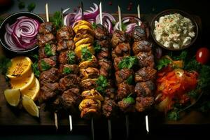 delicioso brocheta en el cortar tablero con carne y vegetal generado por ai foto