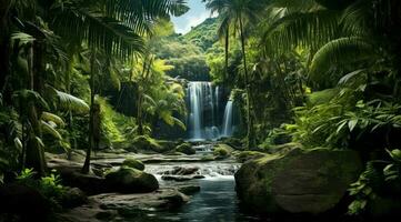 View of tropical rain forest showing waterfall generative AI photo