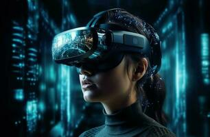 Young women abstract futuristic glow with virtual reality generated by AI photo