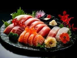 Fresco Sushi rollos con un variedad comida en plato en un negro de madera tablero generado por ai foto