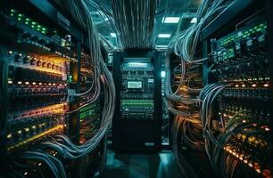 Computer terminal in a server room with complex network cables generated by AI photo