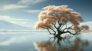 The willow tree is in the middle of a calm lake with a mountain view in the background photo