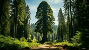 imponente secoya arboles en el medio de el bosque con el Dom brillante mediante generado por ai foto