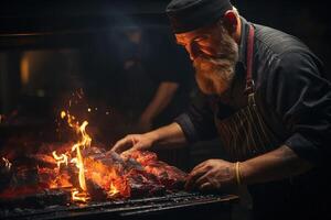 The chef is grilling the steak over medium heat generated by AI photo