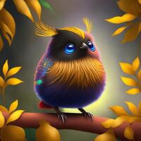 Cute Multicolor Illustration Bird Seating in the Forrest on a Tree Branch photo