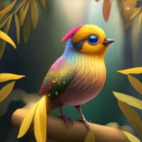 Cute Multicolor Illustration Bird Seating in the Forrest on a Tree Branch photo