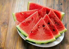 Watermelon slices in white plate photo