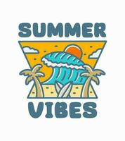 verano vibraciones vector Arte. el Coco, tabla de surf, y ola mono línea diseño para camiseta, insignia, y pegatina vector ilustración