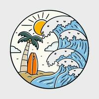 The wave,  coconut tree and surfboard in summer time vector art. design for t-shirt, badge, and sticker vector illustration