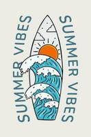 summer vibes vector theme art. vector illustration of the wave inside the surfboard shape. design for t shirt sticker and other