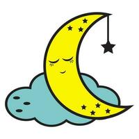 Colored sleeping moon on a cloud, vector illustration in cartoon style