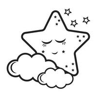 Sleepy star sleeps in the clouds, doodle style black outline vector