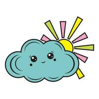 The symbol of the sun behind the kawaii cloud in cartoon style, isolated vector
