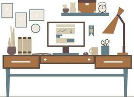 Line workplace in flat style interior. Outline illustration of modern working creative space. vector