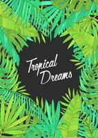 Summer background with tropical leaves, monstera, chamaedorea, banana and other palms. Template for placard, poster, event invitation with place for text. vector