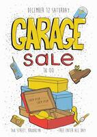 Garage sale poster, event invitation. Hand drawn colorful illustration with old goods. vector