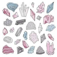 Minerals, crystals, gems Isolated color vector illustration hand drawn set.