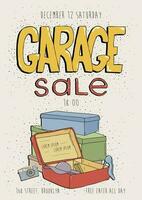 Garage sale poster, event invitation. Hand drawn colorful illustration with old goods. Camera, phone, box. vector