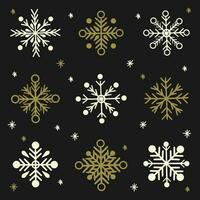 Set of gold and white snowflakes on a dark background . New Year illustration in flat style. vector