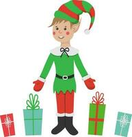 Christmas illustration of an elf with gifts. A child dressed in an elf costume vector