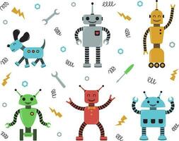 A set of happy cartoon children's robots. Cute cyborgs, bots, androids, smiling characters vector