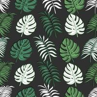 A pattern of tropical leaves on a dark background in doodle style vector