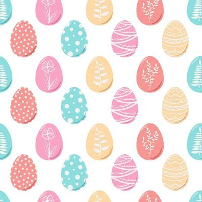 Seamless pattern with Easter eggs in doodle style, decorated with flowers, plants and patterns