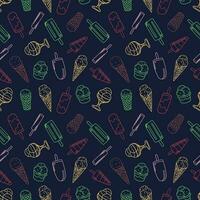 Seamless pattern with ice cream on a dark background. Ice cream in a waffle cone and on a stick, fruit ice. vector